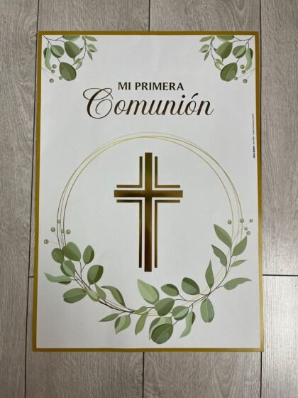 Afiche comunion hojas de olivo borde dorado