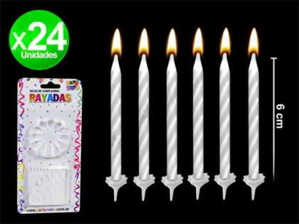 Vela rayadas con portavela blanca x24