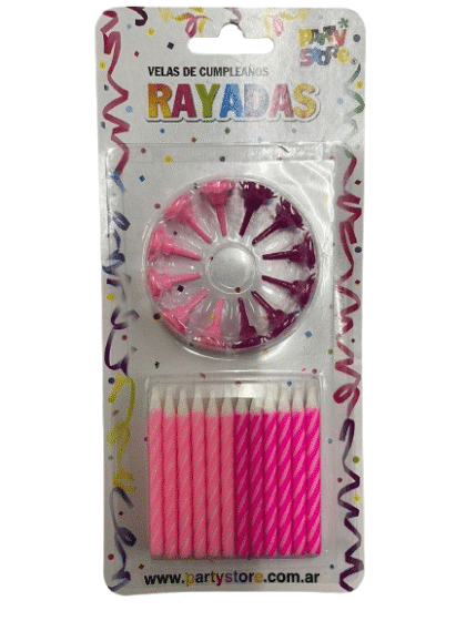 Vela rayadas con portavela rosa/fucsia x24
