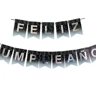 Banderin con stamping feliz cumpleaños tipo confetti negro x1