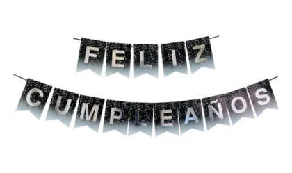 Banderin con stamping feliz cumpleaños tipo confetti negro x1