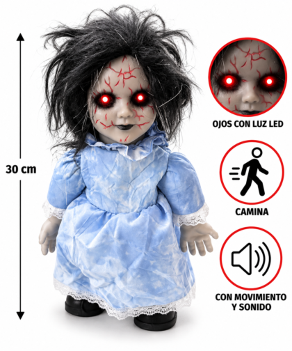 Animatronic Muñeca diabolica vestido celeste sonido/luz y movimiento x1