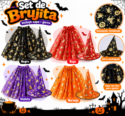 Set disfraz Brujita/o estampado dorado (gorro, capa) x1