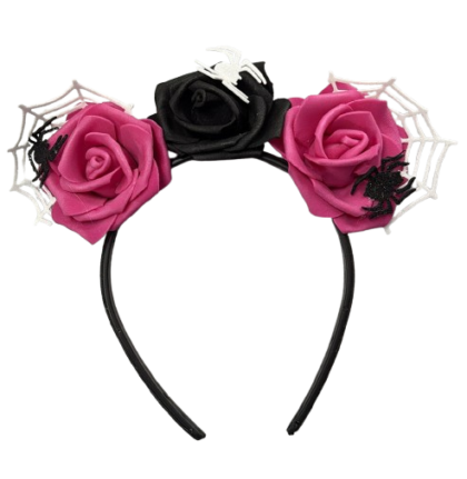 Vincha 4 Rosas grandes telaraña y arañitas goma eva x1