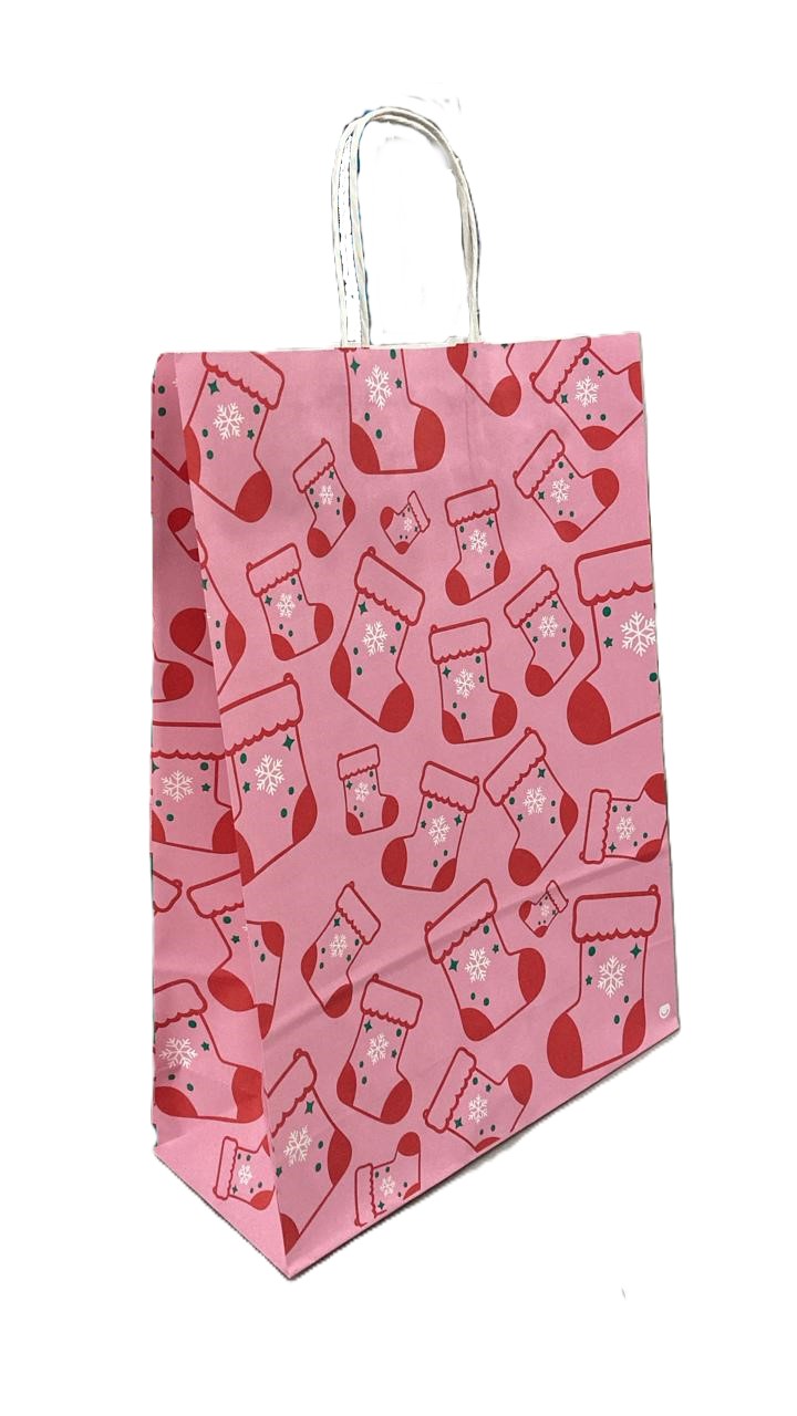 Bolsa de papel con manija para regalo navideña grande 30x41 botitas y pinos x1