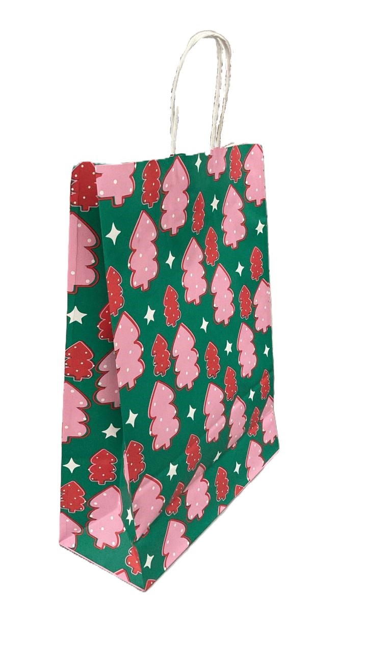 Bolsa de papel con manija para regalo navideña grande 30x41 botitas y pinos x1 - Imagen 2
