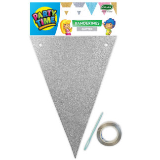Banderin party time triangular glitter plateado x1