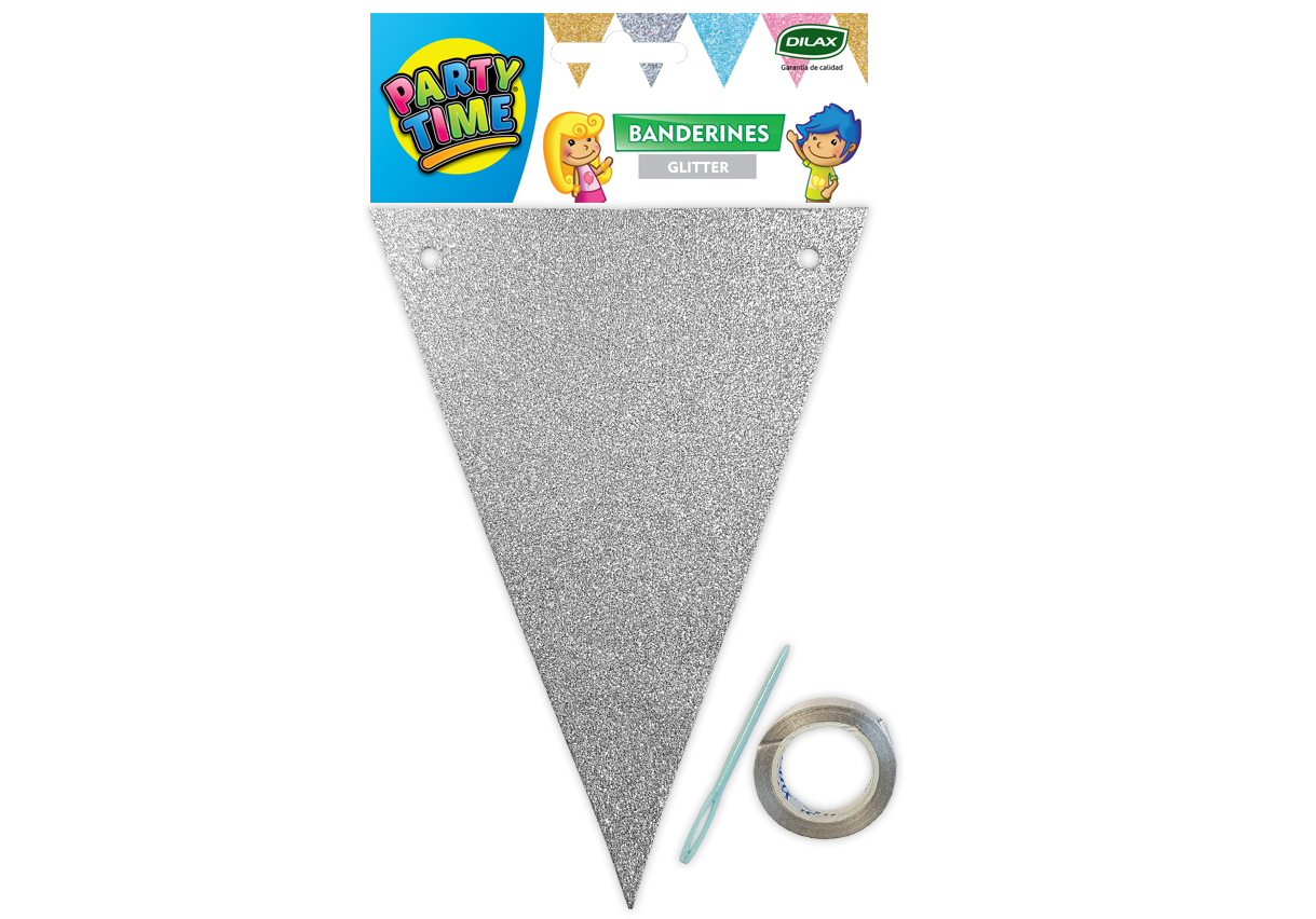 Banderin party time triangular glitter plateado x1