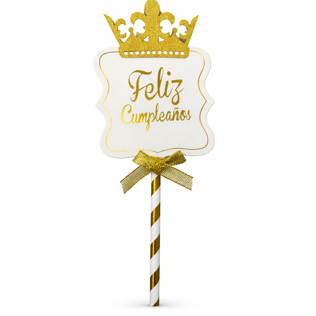 Topper feliz cumpleaños con corona dorado x1