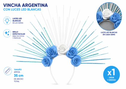 Vincha argentina flecos y 5 flores con luz x1