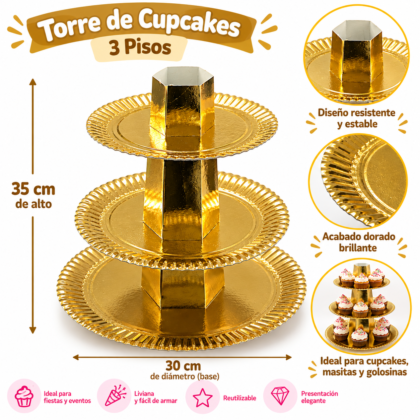 Torre de cupcakes 3 pisos redonda dorada x1