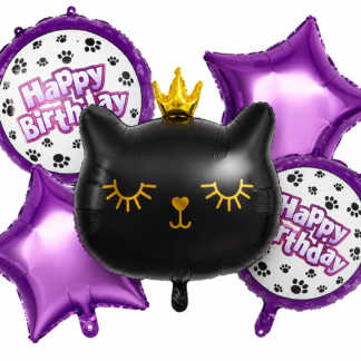 Kit globos animalitos gatito negro corona/estrella 5 piezas x1