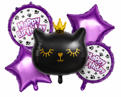 Kit globos animalitos gatito negro corona/estrella 5 piezas x1