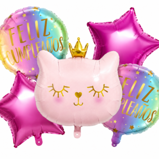Kit globos animalitos gatito rosa corona/estrella 5 piezas x1
