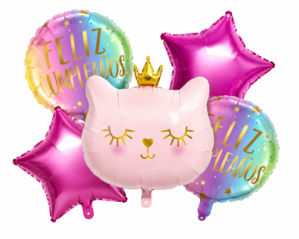 Kit globos animalitos gatito rosa corona/estrella 5 piezas x1