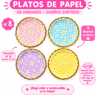 Plato carton cuadrille con margaritas y stamping x8