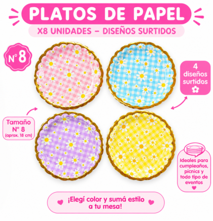 Plato carton cuadrille con margaritas y stamping x8