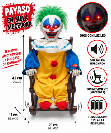 Animatronico Payaso de terror en silla mecedora
