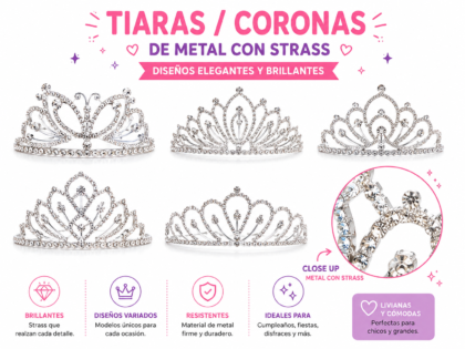 Tiara Corona de princesa plateada con strass grande x1