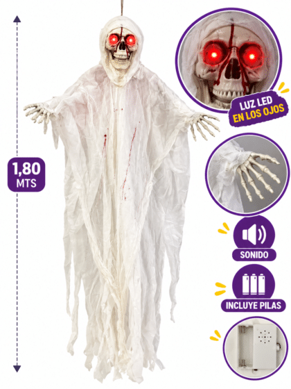 Colgante fantasma calavera luz y sonido 1.80mts x 50cm x1