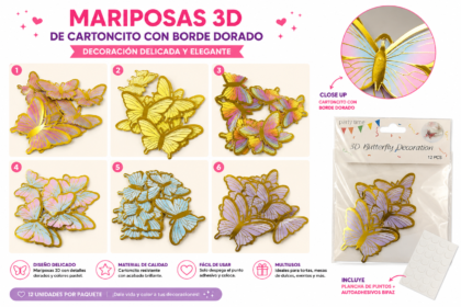 Mariposa autoadhesiva borde dorado x12