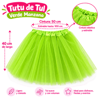 Tutu elastizado 40cm adulto Verde manzana x1
