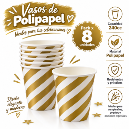 Vaso polipapel rayado dorado 240cc x8
