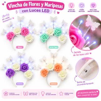 Vincha 4 Rosas goma eva con mariposas y luces x1