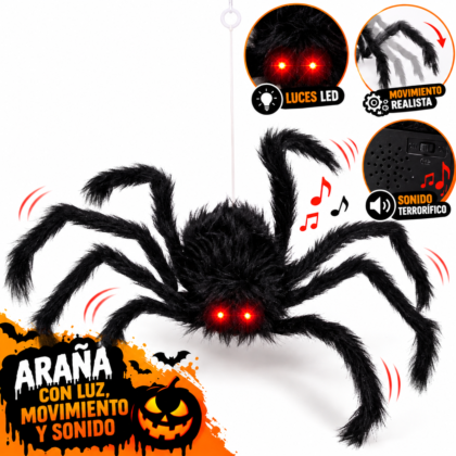 Araña grande negra colgante con luz/sonido y movimiento x1