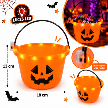 Balde naranja halloween con luz x1
