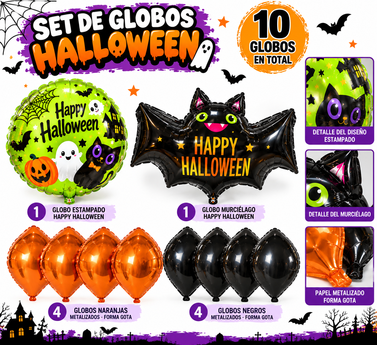 Globo happy halloween Murcielago x10