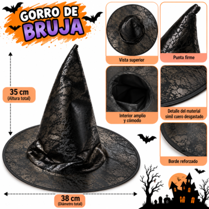 Gorro bruja negro simil cuero 35cm x1