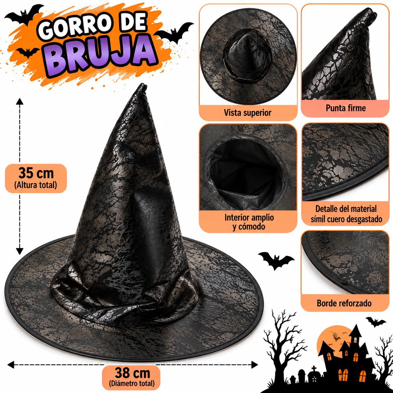 Gorro bruja negro simil cuero 35cm x1