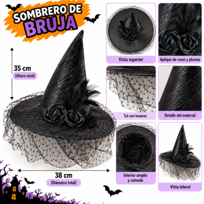 Gorro bruja negro tull flores y plumas x1