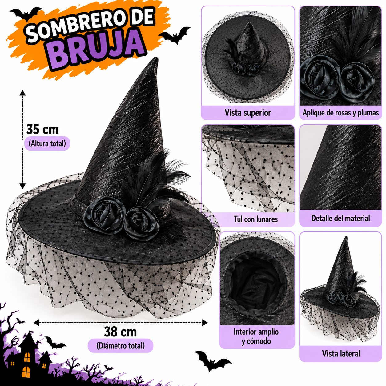 Gorro bruja negro tull flores y plumas x1