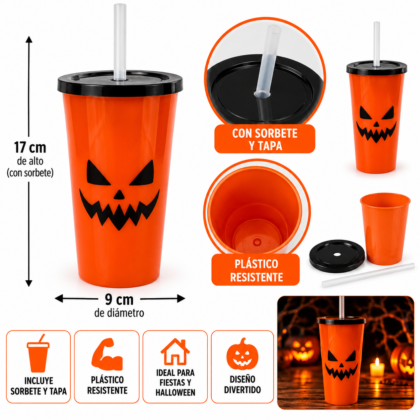 Vaso plastico halloween 400cc con tapa y sorbete calabaza naranja x1