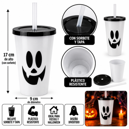 Vaso plastico halloween 400cc con tapa y sorbete fantasma blanco x1