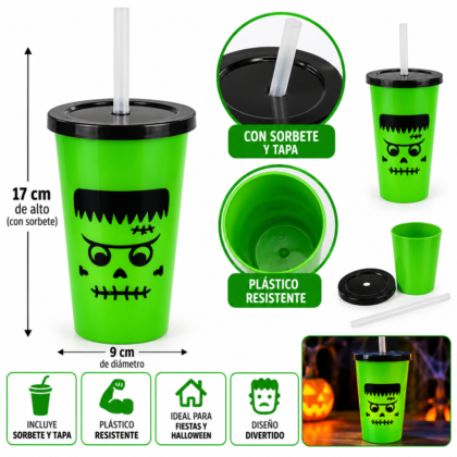 Vaso plastico halloween 400cc con tapa y sorbete Franky verde x1