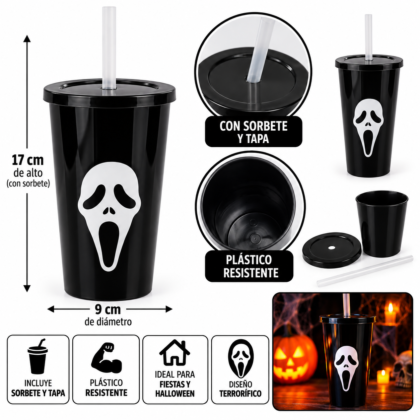 Vaso plastico halloween 400cc con tapa y sorbete scream negro x1