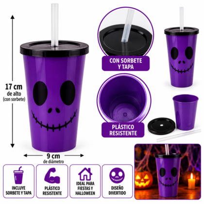 Vaso plastico halloween 400cc con tapa y sorbete Jack violeta x1